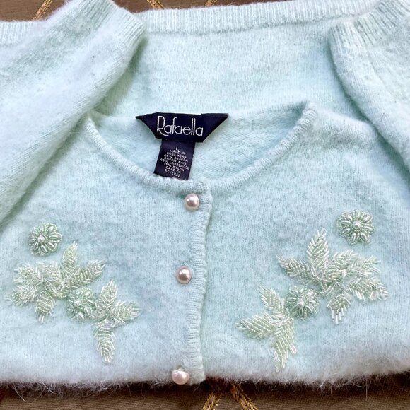 Vintage Sweater Cardigan Angora Wool Beads Pearl Buttons Ice Blue Rafaella (L) - Picture 5 of 8